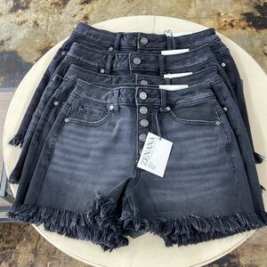New Zenana Frayed Hem Button Fly Shorts—Black